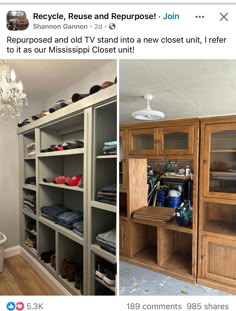 two photos side by side, one with shoes and the other with clothes on shelves