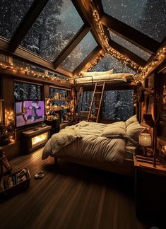 a bed sitting under a skylight in a bedroom next to a window filled with lights