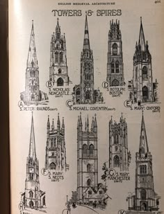 an old book with drawings of towers and spires