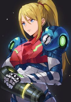 an anime character with blonde hair and blue eyes, holding a large metal object in her hands