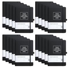 six black and white notebooks sitting side by side on top of eachother