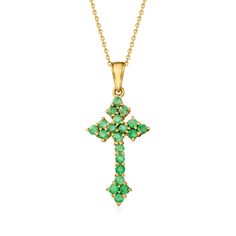 Ross-Simons - 1.90ct t. w. Emerald Cross Pendant Necklace Over Sterling. 20". The rich green of 1.90 ct. t. w. emeralds bring a vibrant elegance to this traditional cross pendant necklace. Set in polished 18kt yellow gold over sterling silver and suspends from a cable chain. Springring clasp, emerald cross pendant necklace. Emerald birthstones are the perfect gift for May birthdays. Emerald Necklace With Vvs Clarity For Formal Events, Green Tsavorite Emerald Necklace, Green Emerald Cut Necklace With Prong Setting, Green Emerald Necklace With Prong Setting, Emerald Cross, Emerald Birthstone, Boot Jewelry, Zambian Emerald, Emerald Color