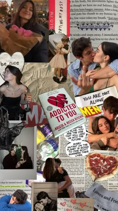 a collage of photos with people and food on them, including pizzas, signs, posters, and advertisements