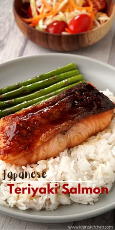 salmon and asparagus served with rice on a plate