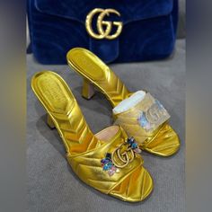 Brand New In Box Size 39 Gold Chevron Matelass Leather Gold-Toned Hardware Double G Leather Sole Mid-Heel 3" Heel Height Comes In Original Box With Dust Bag Ig:@Theladyandthedeal #Gucci #Guccishoes #Guccisandals Gucci Designer Sandals For Formal Occasions, Gucci Designer Formal Sandals, Luxury Yellow Sandals For Evening, Luxury Yellow Sandals For Formal Occasions, Designer Block Heel Gala Heels, Designer Block Heel Heels For Galas, Designer Block Heels For Galas, Designer Yellow Sandals For Formal Occasions, Designer Formal Yellow Sandals