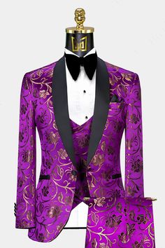 Mens-Purple-and-Gold-Tuxedo-Wedding-Groom-Prom-Suit-from-Gentlemansguru.com Purple Suits For Men, Floral Tuxedo, Purple Tuxedo, Gold Tuxedo, Unique Coats, Tuxedo Prom, Suit Purple, White Pocket Square, Purple And Gold Wedding