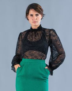 Idyllic presents a stylish, high quality lace top, perfect for events or office wear. This transparent lace blouse has long sleeves with elasticated cuffs and ruffles. The lace model is floral and it has a velvet band detail at the neck. Composition: 85% polyester, 15% elastane. Delivery time: 1-2 weeks. The product can be adjusted based on the client's silhouette and style. Feel free to contact us with anything you have in mind! Sewing Pattern For Beginners, How To Look Attractive, Look Attractive, Luxury Wear, Cotton Shirt Dress, Elegant Blouses, Fashion Sewing Pattern, Wool Skirt, Wool Skirts