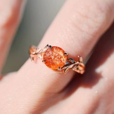 Natural Sunstone Leaf Ring- 14K Rose Gold Vermeil – Aquamarise 14k Rose Gold Gemstone Jewelry, 14k Rose Gold Solitaire Jewelry For Promise, 14k Gold Orange Jewelry With Prong Setting, 14k Rose Gold Crystal Gemstone Ring, Rose Gold Crystal Gemstone Ring In 14k Gold, Rose Gold Gemstone Rings In 14k, Orange Birthstone Jewelry For Promise Ring, Copper Ring Jewelry For Anniversary, Fine Jewelry Rose Gold Birthstone Ring With Gemstone