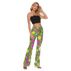 Flare Pants, 70s Hippie Pants, Floral Pants, Wide Leg Pants, Green Flare Pants,Retro Pants,70s style Pants,Wide Leg Yoga Pants,Mod 60s pants Custom made and hand sewn to order. **Size up since these runs small. I wanted to create a hippie floral wide leg pants style since I seldom see this style in this print. Wide waist band. Hip Flare bottom pants style. Fun for everyday wear or yoga. Perfect with platform heels or chunky high heels. ● Fabric:Micro Fiber(95% Polyester and 5% Spandex) ● Slim fi Spring Wide Leg Bottoms With Retro Print, Wide Leg Bottoms With Retro Print For Spring, Wide-leg Bottoms With Retro Print For Spring, Casual Wide Leg Pants With Retro Print, Wide Leg Bottoms With Retro Print For Summer, Retro Wide Leg Bottoms For Spring, Retro Trousers For Spring, Retro Spring Trousers, Groovy Wide Leg Summer Bottoms