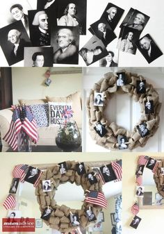 a collage of photos and wreaths on the wall with an american flag hanging from it