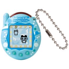 an electronic toy with a chain attached to it's face and the screen is blue