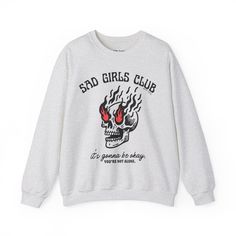 Sad Girls Club Mental Health Unisex Heavy Blend Crewneck Sweatshirt Trendy Crew Neck Sweatshirt For Streetwear, Trendy Text Print Sweater For Streetwear, Trendy Cotton T-shirt With Ribbed Cuffs, Trendy Cotton Sweater For Streetwear, Grunge Cotton Crew Sweatshirt, Band Merch Crew Neck Sweatshirt With Text Print, Winter Graphic Tee Sweatshirt With Crew Neck, Cotton Grunge Sweatshirt With Letter Print, Slogan Crew Sweater For Streetwear