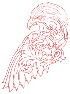 a drawing of an eagle with swirls on it's wings and head in red ink