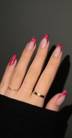 Red Sparkle Nails, Red Sparkly Nails, Red Tip Nails, Glitter French Nails, Dark Pink Nails, Prom Nails Red, Almond Nails French, Red Nails Glitter