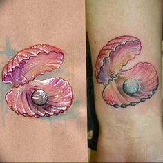 two tattoos with flowers on their legs and one has a pearl in the middle, while the other is pink