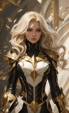 a woman dressed in black and white with gold armor