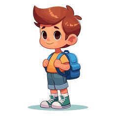 a little boy with a blue backpack is standing and looking at the camera, cartoon character