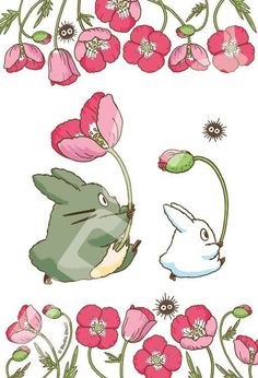 an image of some flowers and rabbits in the grass