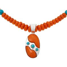 Jay King Gallery Collection Orange Coral & Turquoise Pendant-Necklace  This unique, handcrafted pendant and beaded necklace combo feature orange coral and blue turquoise in a fun, festive design that's sure to set you apart from the crowd! Part of Jay's exclusive Gallery Collection.       Pendant approx. 2-1/16"L x 13/16"W     Necklace approx. 18-1/4"L x 3/8"W with 2-3/4" extender     Stamped .925     Sterling silver, oval-shaped pendant has bezel-set orange coral with diagonal, silver overlay Southwestern Style Orange Beaded Necklaces, Orange Oval Beads Jewelry For Gift, Southwestern Orange Round Bead Necklaces, Southwestern Style Orange Jewelry With Colorful Beads, Southwestern Style Orange Beaded Necklace, Southwestern Orange Jewelry With Colorful Beads, Southwestern Orange Round Beads Necklace, Southwestern Orange Round Beads Jewelry, Southwestern Orange Round Bead Jewelry