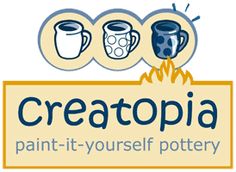 two mugs sitting next to each other with the words creatopia painted on them