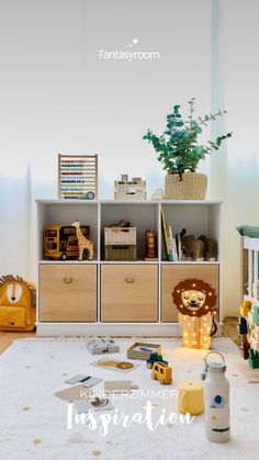 a child's playroom with toys and bookshelves on the floor in front of it