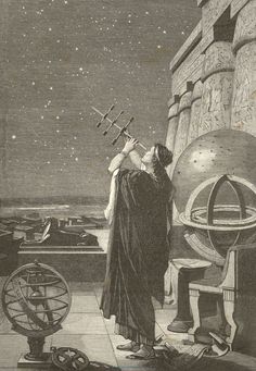 an old drawing of a woman looking up at the sky with telescopes in her hand