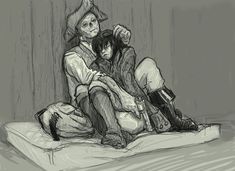 a drawing of two people sitting on a bed with one holding the other's head