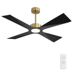 a black and gold ceiling fan with remote control