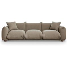 a beige couch with four pillows on the back and one arm folded out to show it's curved shape