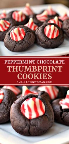 peppermint chocolate thumbprint cookies with white and red candy canes on top