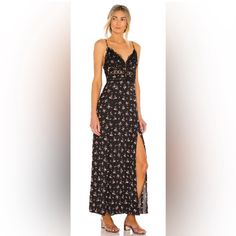 Never Worn! Perfect Condition, Very Flattering Just Not My Style Feminine Black Maxi Dress With Floral Print, Floral Print Sundress Maxi Dress For Night Out, Floral Print Sundress For Night Out, Floral Sundress Maxi For Night Out, Black Floral Print Maxi Dress For Night Out, Lace Tunic Dress, Free People Lace Dress, Maxi Tops, Green Maxi