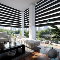 a modern living room with black and white blinds