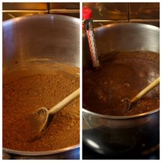 two pictures side by side showing the process of cooking food in a pot with a wooden spoon