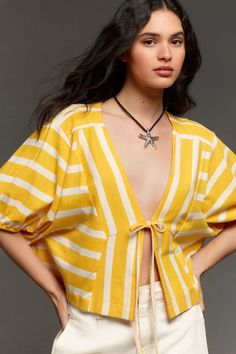 By Anthropologie Voluminous Tie-Front Top | Anthropologie (US) Lady Godiva, Coord Sets, Yellow Fits, Summer Blouses, Front Tie Top, Yellow Stripes, Summer Trends, Top Trends