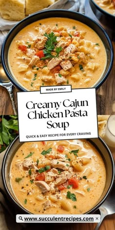 two bowls of creamy cauliflower chicken pasta soup