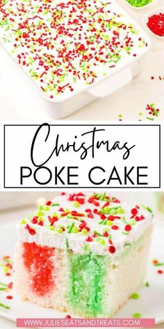 christmas poke cake with sprinkles on top and in the background, there is a piece missing