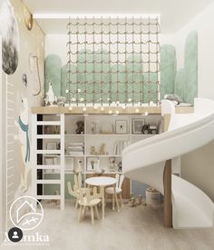 a child's play room with a slide and bookshelf