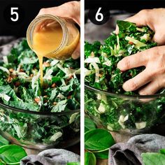 two pictures showing how to make a salad with greens and dressing in it, then adding dressing