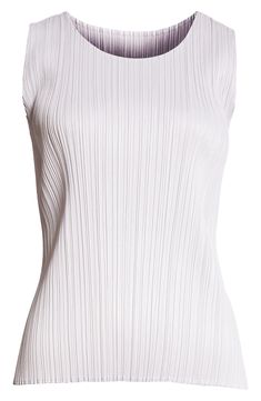 Issey Miyake's signature garment-pleating technique gives this staple top a flattering fit while also making it wrinkle resistant. 22" length (size 3) Jewel neck Sleeveless 100% polyester Machine wash, line dry Made in Japan SPACE: A shop for emerging and advanced designers Fitted Sleeveless Pleated Top, Pleating Technique, Issey Miyake Accessories, Issey Miyake Dress Pleats, Issey Miyake Pleats Please Men, Staple Tops, Issey Miyake Pleats Please Top, Pleats Please, Pleats Please Issey Miyake