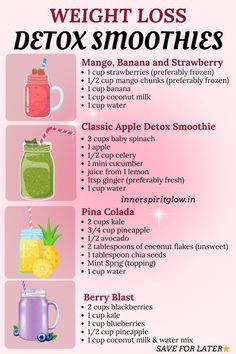 Four detox smoothie recipes with vibrant ingredients, including mango, apple, pina colada, and berries. Smoothie Base Recipe, Anti Bloat Smoothie Recipes, Smoothie Recipes Healthy Low Calories, Detox Smoothie Recipes Flat Belly, Gut Detox Smoothie, Detox Smoothie Flat Belly, Smoothie Recipes For Belly Fat Loss, Smoothies For Weight Losing, Detox Smoothie Cleanse