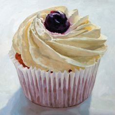 a painting of a cupcake with white frosting and blueberries