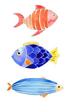 three different colored fish are shown in this watercolor painting technique, one is blue and the other is orange