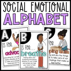 three posters with the words, social emotions alphabet and an image of two children holding hands