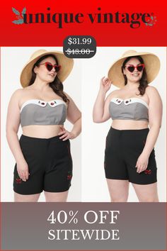 A sultry plus size crop top crafted in a lightweight woven crepe that boasts a black and white gingham pattern. The solid white fold over features embroidered cherries with skull motifs, complete with a smocked back and back self ties.Available in sizes XS-4X while supplies last. Embroidered Cherries, Plus Size Crop Top, Plus Size Crop Tops, Bandeau Crop Top, Black Gingham, Black And White Gingham, Gingham Pattern, Top Crafts, Plus Size Black