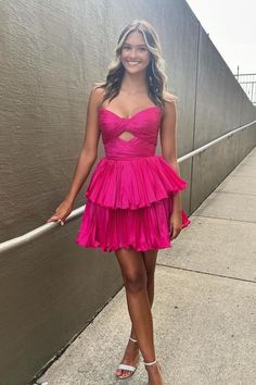 Expertly crafted with satin fabric, this chic A-line strapless homecoming dress features an empire waist for a flattering silhouette. Perfect for any formal event, this dress exudes elegance and sophistication. Embody timeless beauty and confidence in this stunning piece. Pink Satin Fabric, Dresses Birthday, Vibrant Dress, Mini Homecoming Dresses, Dress Layered, Short Homecoming Dresses, Hoco Dress, Satin Short, A Line Shorts