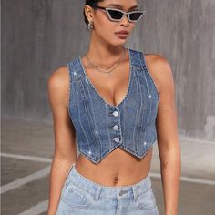 Super Cute And Stylish Ships In 5-10 Business Days Trendy Summer Denim Jacket, Spring Cropped Denim Vest With Pockets, Summer Cropped Denim Blue Jacket, Cropped Denim Blue Denim Jacket For Summer, Cropped Denim Blue Jacket For Summer, Chic Cropped Denim Vest In Medium Wash, Chic Cropped Medium Wash Denim Vest, Fitted Denim Blue Denim Jacket For Summer, Trendy Cropped Denim Vest