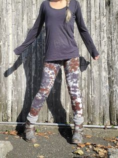 "Cool Earthy Tie Dye Leggings, XS-2XL Dark Earthy Colors, Hippie Tie-Dye Leggings, Boho Leggings, Custom Dyed, Festival Tights, Plus Curvy Style Color Combo Name: TREE BARK brown-grey Please note that although I am a size small, these leggings on me are a size LARGE! They don't fit tight on me. XS, M, L, XL, 2XL, 3XL Approximate Measurements; Waistband across: 11½\", 12\", 13\", 14\", 15\", 16\", 17\" Inseam: 26½\", 26½\", 27\", 27\", 27\", 27\", 28\" Fabric: 92% Cotton 8% spandex - feels great and has a really good stretch! Machine Wash & Dry Made in the USA Pre-Shrunk; All garments have been washed & dried in the coloring process. Each piece is hand-dyed individually! Although I use the same fabric dyes, the result is always unique and one of a kind! INTERNATIONAL BUYERS: Please note tha Cotton Tights For Fall, Tight Fit Cotton Tights For Fall, Tight Cotton Tights For Fall, Casual Brown Leggings For Fall, Casual Relaxed Fit Leggings For Fall, Footless Leggings For Fall, Fitted Cotton Tights For Fall, Casual Brown Leggings For Yoga, Non-stretch Full Length Leggings For Fall