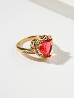 The Cherry Heart Ring | Vanessa Mooney | Color Ruby Rings size Size 4 Heart Shaped Yellow Gold Jewelry With Center Stone, Heart-shaped Yellow Gold Jewelry With Center Stone, Gold Diamond Heart Ring For Valentine's Day, Red Heart Ring With Center Stone For Wedding, Red Diamond Heart Ring For Wedding, Yellow Gold Jewelry With Center Stone For Valentine's Day, Gold Heart Ring With Center Stone For Valentine's Day, Anniversary Jewelry With Lab-created Ruby In Gold, Wedding Red Diamond Heart Ring