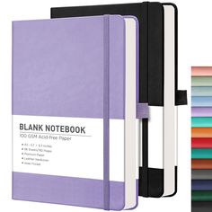 the blank notebook is lined up with different colored papers and covers on each side, along with