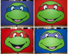 four pictures of teenaged turtles with different facial expressions on their faces, each painted in different colors